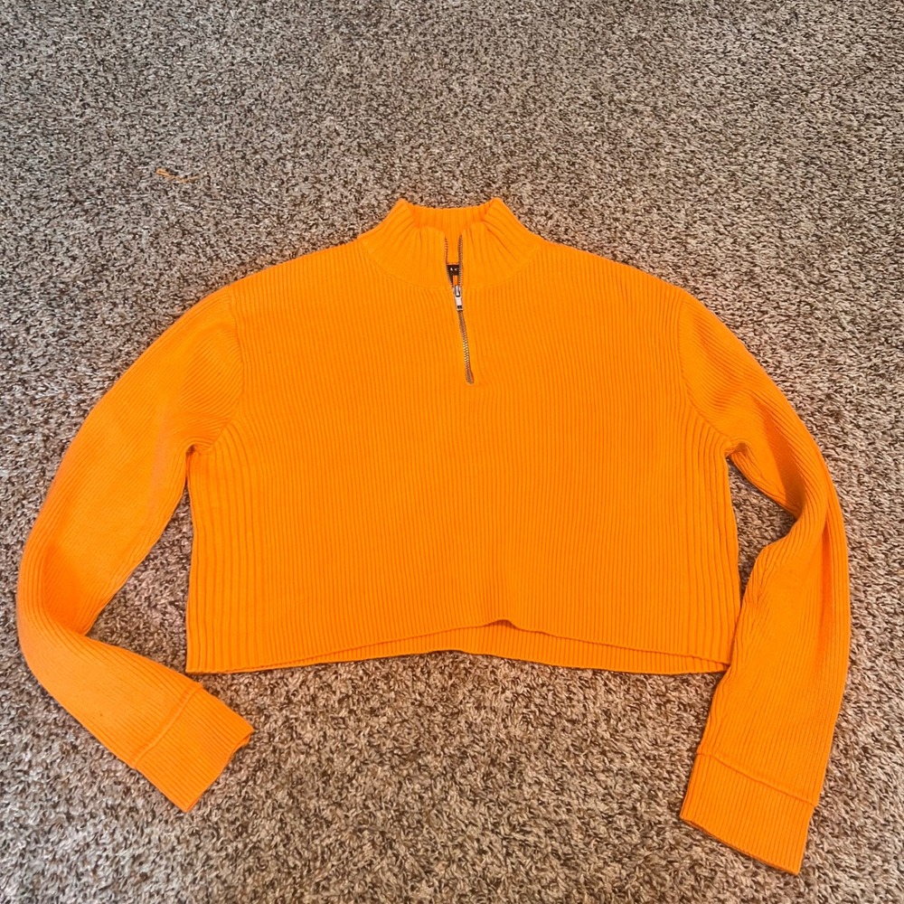 Kendall & Kylie XS Orange Ribbed Half Zip‎ Pullover Mock Neck Crop Top Sweater